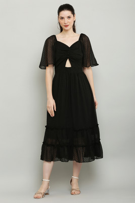 REESE Women A-line Black Midi/Calf Length Dress