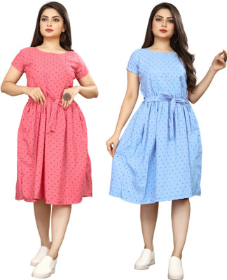 HouseOfCommon Women Fit and Flare Pink, Blue Below Knee Dress