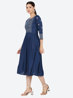 O Madam Women Layered Blue Below Knee Dress