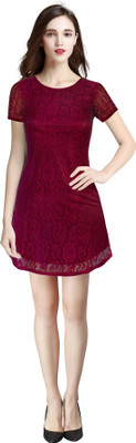 HEER FASHION Women Fit and Flare Maroon Knee Length Dress