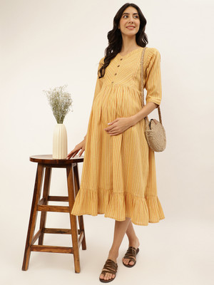Negen Women Fit and Flare Yellow Midi/Calf Length Dress
