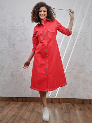 ATHENA Women A-line Red Midi/Calf Length Dress