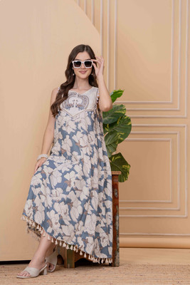 Oh Mi Dios Women Fit and Flare Grey Midi/Calf Length Dress