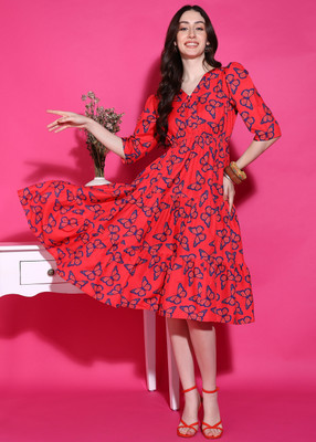 DSK STUDIO Women Fit and Flare Red Midi/Calf Length Dress