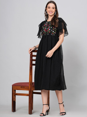 JC4U Women Fit and Flare Black Midi/Calf Length Dress