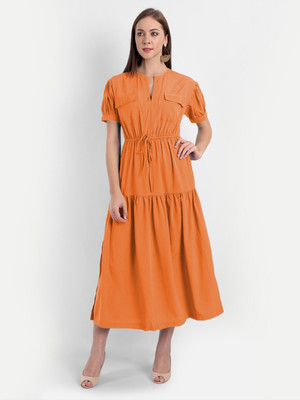 MINGLAY Women A-line Orange Midi/Calf Length Dress
