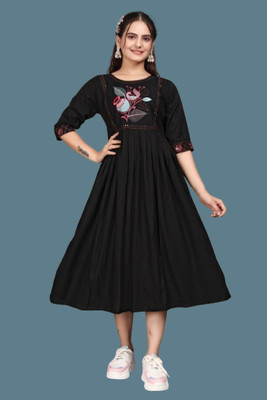 HouseOfCommon Women Fit and Flare Black Midi/Calf Length Dress