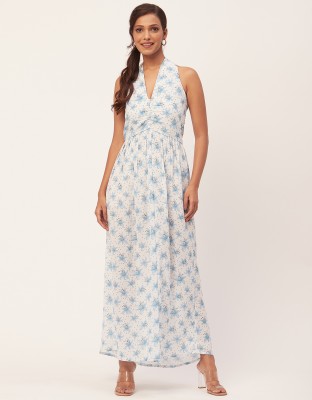 moomaya Women Maxi White, Light Blue Dress