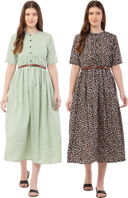 Miranga Women Fit and Flare Black, Beige Midi/Calf Length Dress