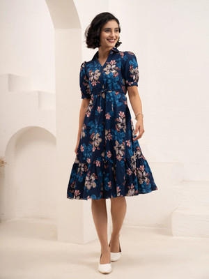 AASK Women Fit and Flare Blue Midi/Calf Length Dress