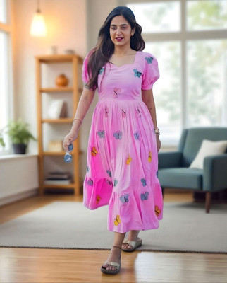 NEVIATTIRE Women Gathered Pink Midi/Calf Length Dress