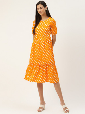 BRINNS Women Fit and Flare Yellow Midi/Calf Length Dress