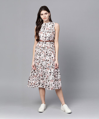 SASSAFRAS Women Tiered White, Black, Brown Midi/Calf Length Dress