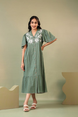 Anusheet Fashion Women Fit and Flare Green Midi/Calf Length Dress