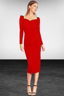 Ladiikway Women Bodycon Red Below Knee Dress