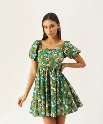 Dressberry Women Fit and Flare Green, Orange Mini/Short Dress