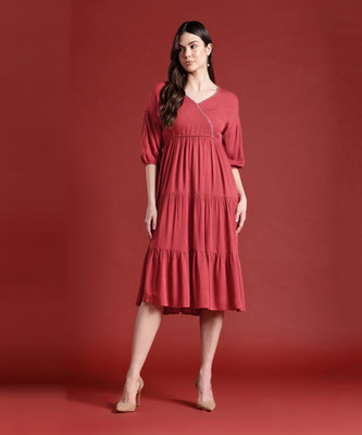 all about you Women A-line Red Midi/Calf Length Dress