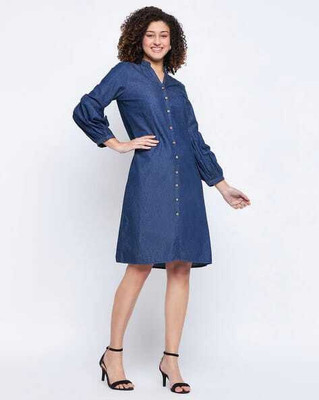 O Madam Women Fit and Flare Blue Above Knee/Mid Thigh Length Dress