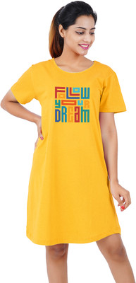 BEFLI Women T Shirt Yellow Above Knee/Mid Thigh Length Dress