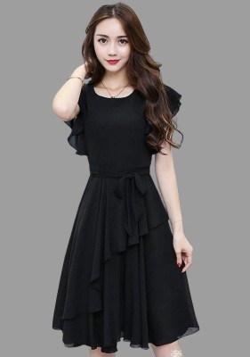 SUMERTEX Women Fit and Flare Black Dress