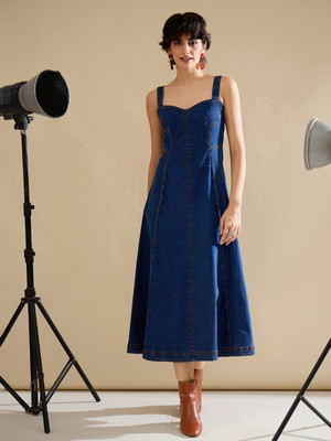 SASSAFRAS Women A-line Dark Blue Midi/Calf Length Dress