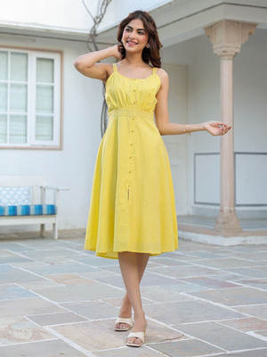 Janasya Women A-line Yellow Midi/Calf Length Dress