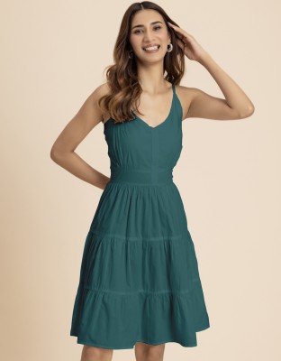 moomaya Women Tiered Dark Green Dress