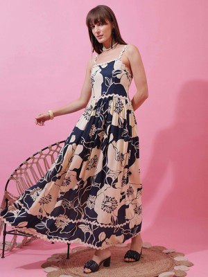 Seek By Sheetal Women Fit and Flare Blue, Beige Maxi/Full Length Dress