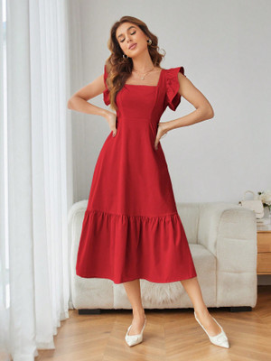 Sugathari Women Fit and Flare Red Midi/Calf Length Dress