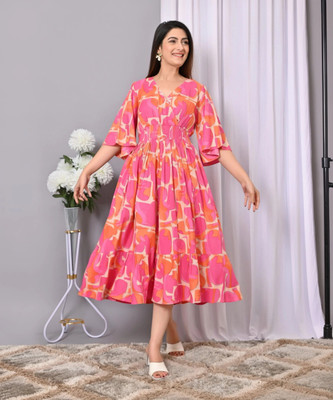 VYMO Women Fit and Flare Multicolor, Pink Below Knee Dress