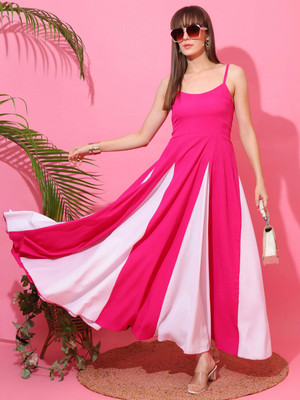 Sheetal Associates Women Fit and Flare Pink, White Maxi/Full Length Dress