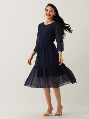 AASK Women Fit and Flare Dark Blue Below Knee Dress