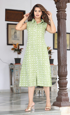 Guru Kripa Women Fit and Flare Light Green, White Midi/Calf Length Dress