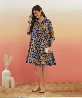 InWeave Women A-line Beige, Blue Above Knee/Mid Thigh Length Dress