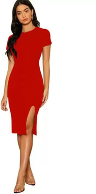 Whitewhale Women Bodycon Red Midi/Calf Length Dress