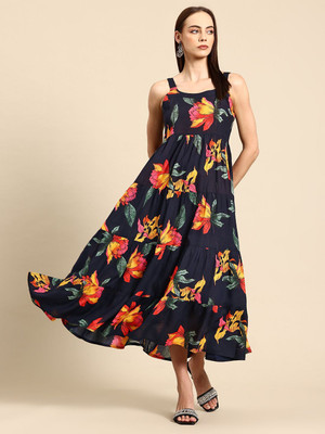 METRONAUT Women Fit and Flare Black, Multicolor Midi/Calf Length Dress