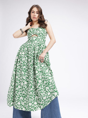Glitchez Women A-line Green, White Midi/Calf Length Dress