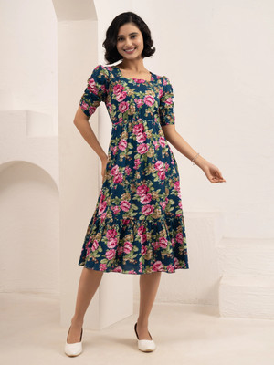 AASK Women Fit and Flare Multicolor Midi/Calf Length Dress
