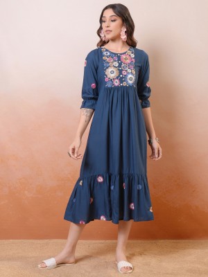 Vishudh Women Drop Waist Blue Dress