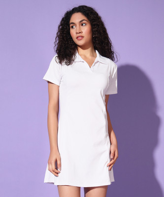 Christy World Women T Shirt White Above Knee/Mid Thigh Length Dress