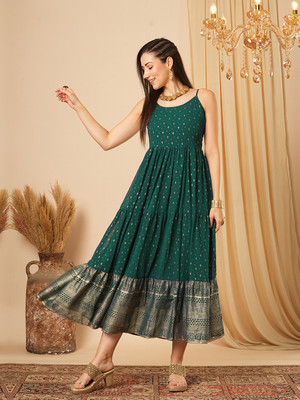 Globus Women Fit and Flare Green Maxi/Full Length Dress