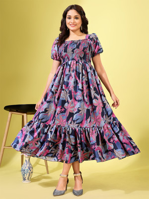 Deklook Women Fit and Flare Blue Midi/Calf Length Dress
