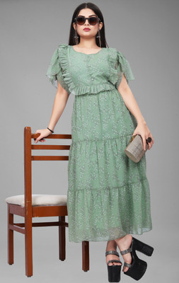 Parth Creation Women A-line Light Green Midi/Calf Length Dress