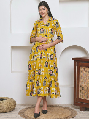 FREMPY Women A-line Yellow Maxi/Full Length Dress