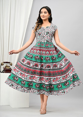 Anand Prints Women A-line Green, Red Midi/Calf Length Dress