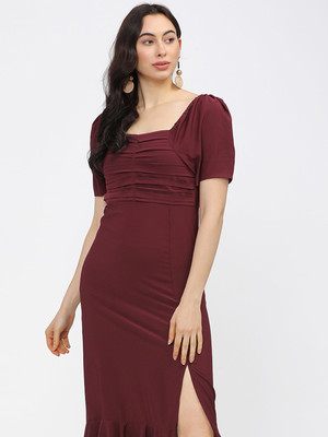 Tokyo Talkies Women Fit and Flare Maroon Knee Length Dress
