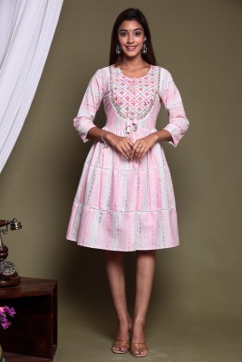 Pink Paisley Women A-line Pink, White Dress