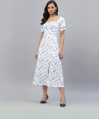 AAYU Women A-line Blue, White Midi/Calf Length Dress