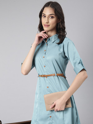 SHOWOFFFF Women Shirt Light Blue Midi/Calf Length Dress