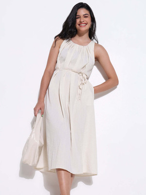 SHOWOFFFF Women A-line Beige Midi/Calf Length Dress